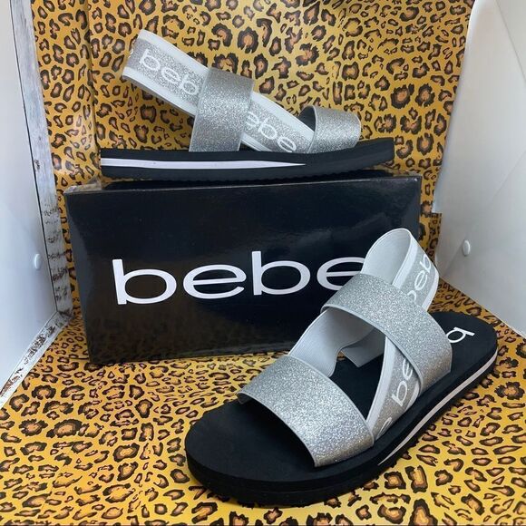 Bebe Atena Silver Giltter Stretch Sandals NWT Sz9 - Picture 2 of 16